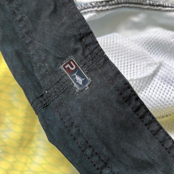 PELAGIC TUNA BOARDSHORTS Men's sz 38 Blue Yellow Dip Fish Scales Swim Trunks - Picture 10 of 10